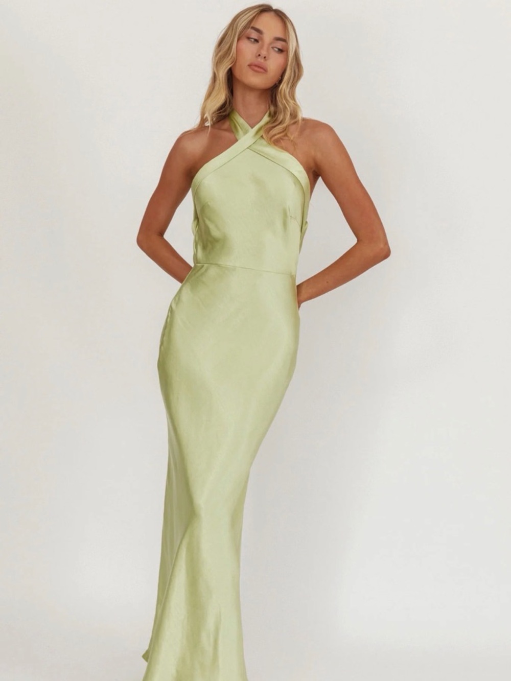 Italia Azure Crossover Halterneck Maxi Dress | Pistachio